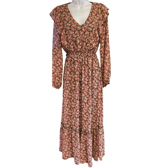 Axara Paris Women's Pink Gold Floral Maxi Tiered Dress Large Country Prairie - Picture 1 of 7